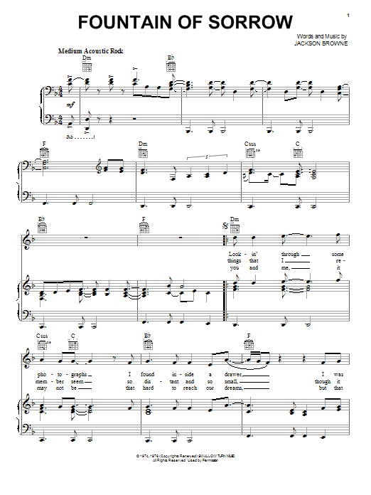 Jackson Browne Fountain Of Sorrow Sheet Music Notes & Chords for Piano, Vocal & Guitar (Right-Hand Melody) - Download or Print PDF