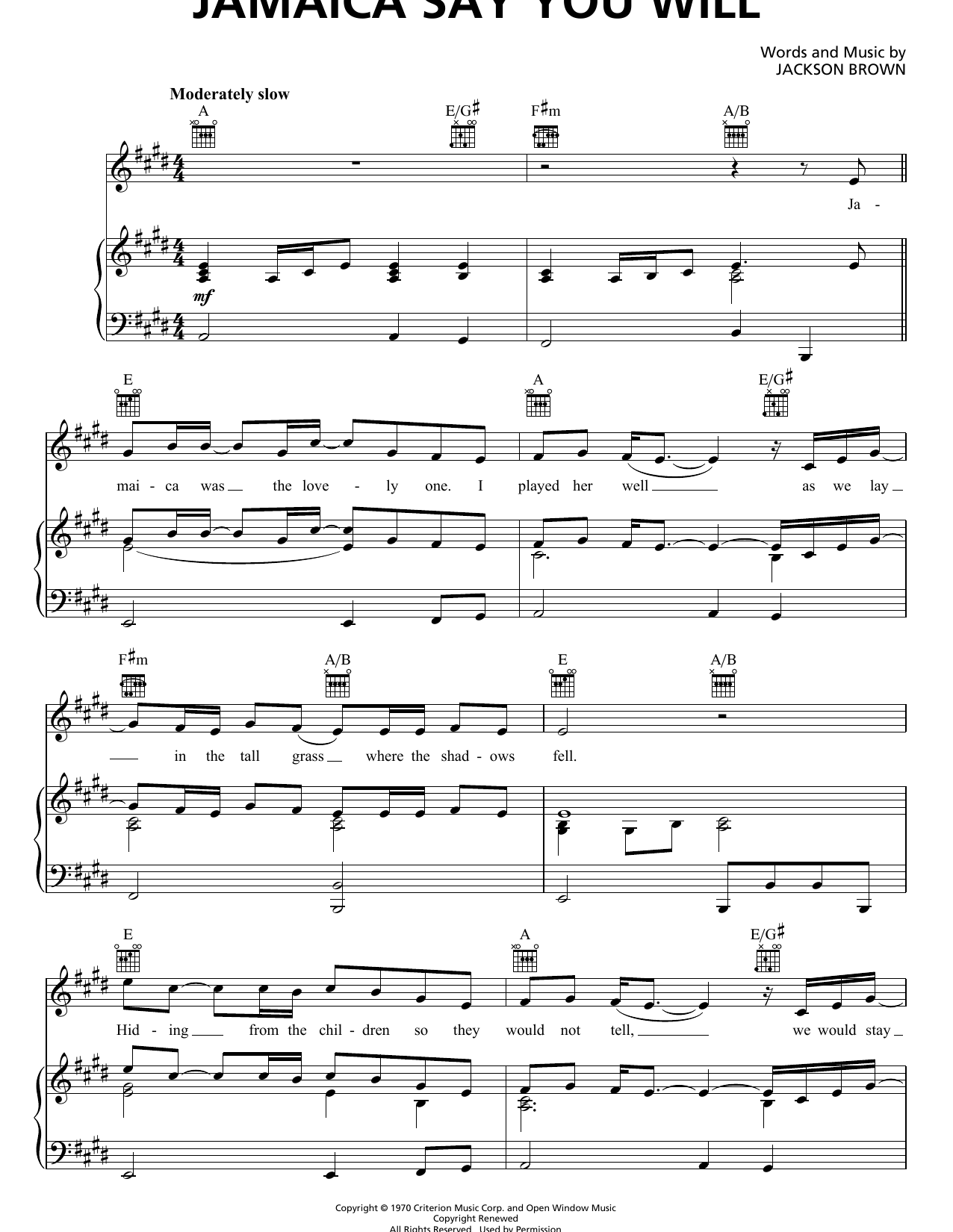 Jackson Browne Jamaica Say You Will Sheet Music Notes & Chords for Piano, Vocal & Guitar (Right-Hand Melody) - Download or Print PDF