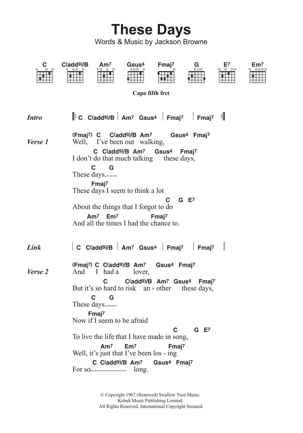 Jackson Browne These Days Sheet Music Notes & Chords for Lyrics & Chords - Download or Print PDF