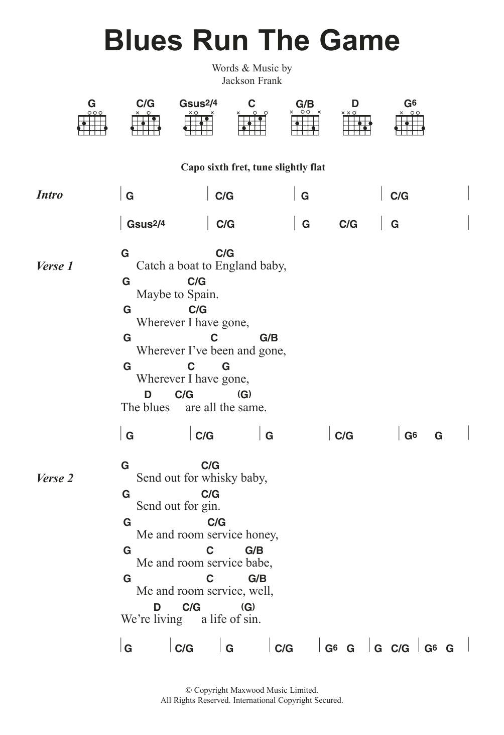 Jackson Frank Blues Run The Game Sheet Music Notes & Chords for Lyrics & Chords - Download or Print PDF