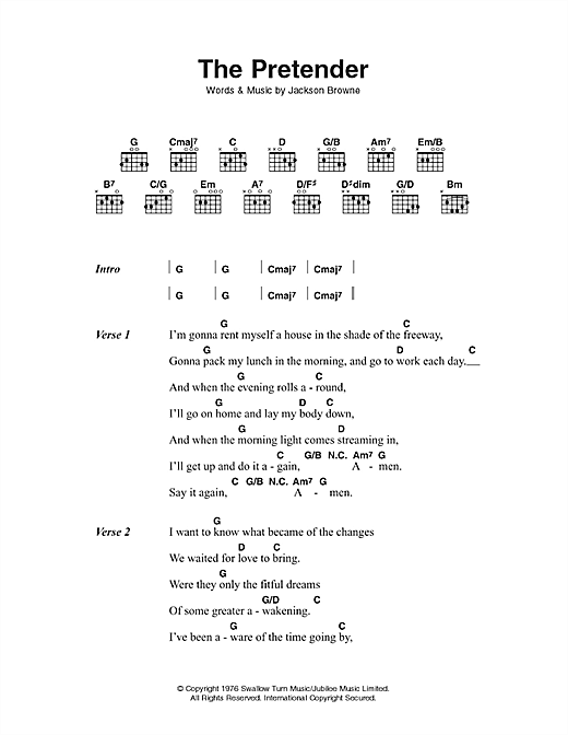 Preview Jackson Browne The Pretender Rock sheet music, notes and chords for Piano, Vocal & Guitar (Right-Hand Melody), SKU: 33880 The Pretender sheet music