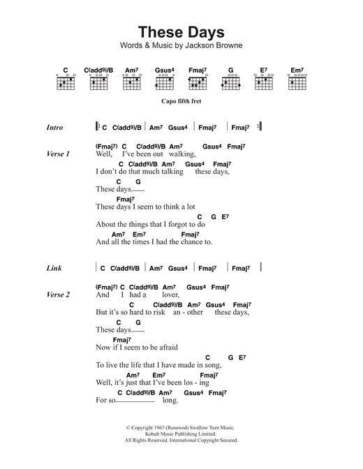 Jackson Browne These Days Sheet Music Notes & Chords for Lyrics & Chords - Download or Print PDF