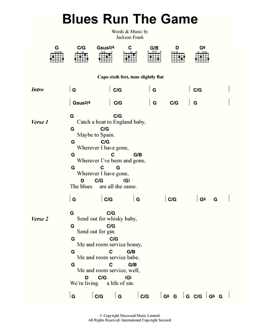 Jackson Frank Blues Run The Game Sheet Music Notes & Chords for Lyrics & Chords - Download or Print PDF