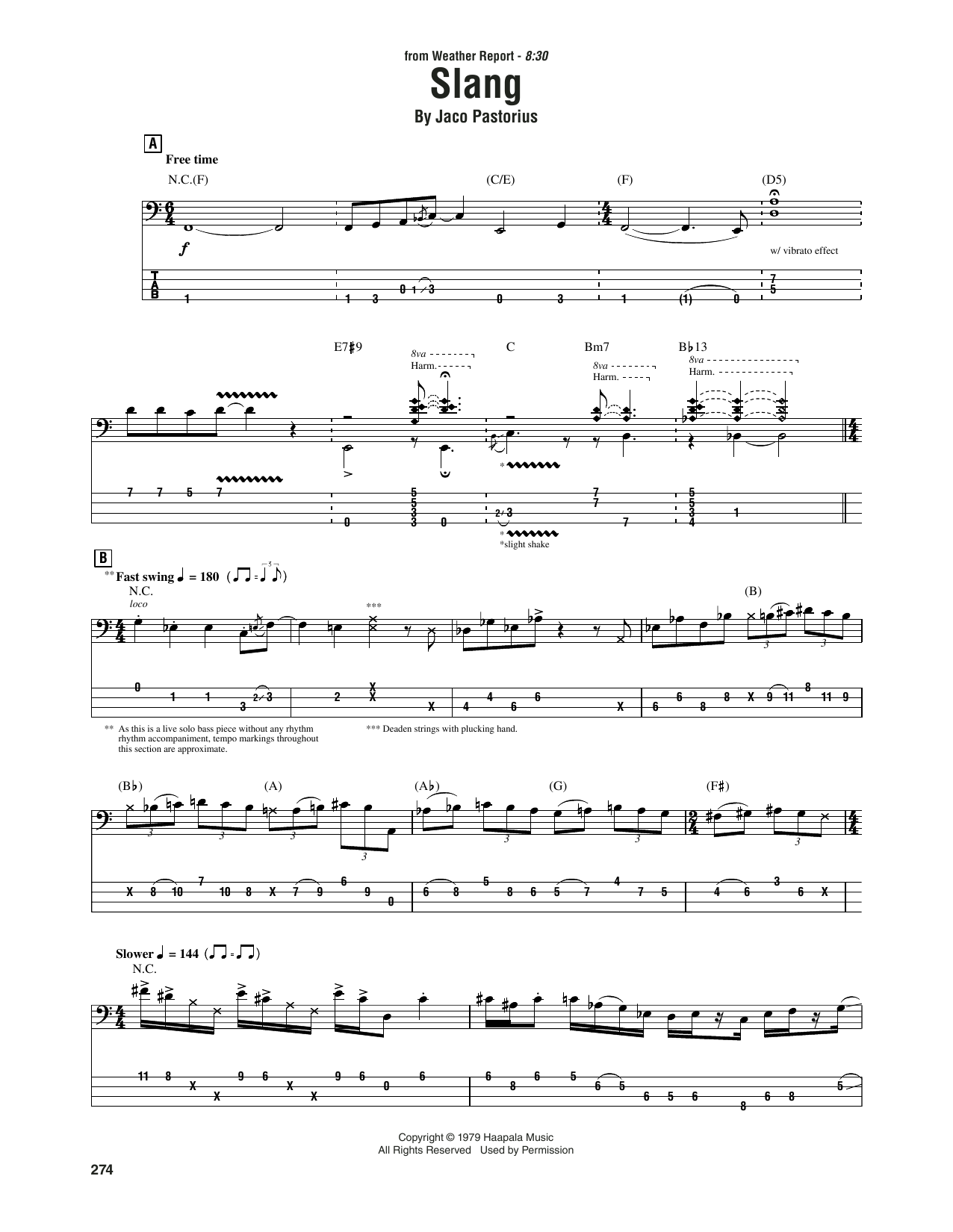 Jaco Pastorius & Rashid Ali Slang Sheet Music Notes & Chords for Bass Guitar Tab - Download or Print PDF