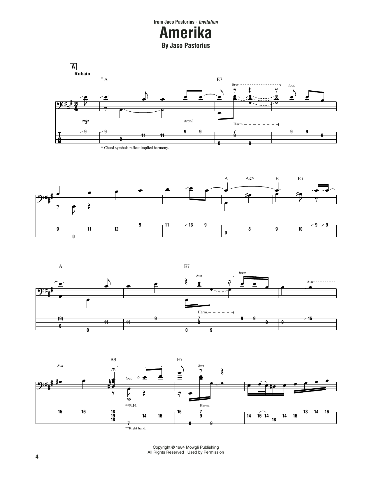 Jaco Pastorius Amerika Sheet Music Notes & Chords for Bass Guitar Tab - Download or Print PDF