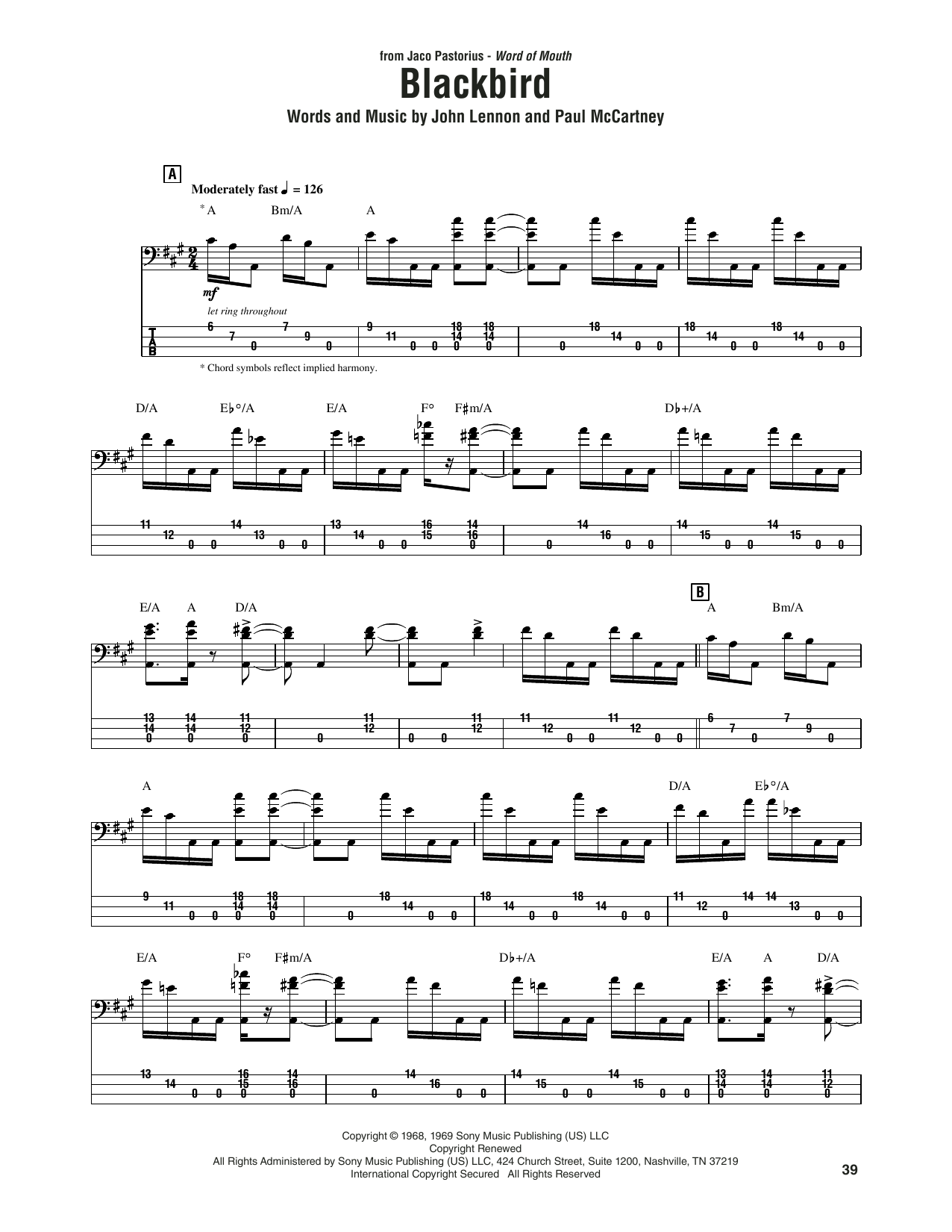 Jaco Pastorius Blackbird Sheet Music Notes & Chords for Bass Guitar Tab - Download or Print PDF