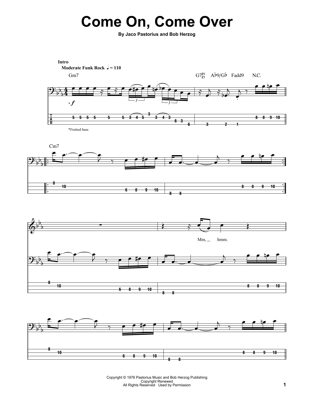 Jaco Pastorius Come On, Come Over Sheet Music Notes & Chords for Easy Bass Tab - Download or Print PDF
