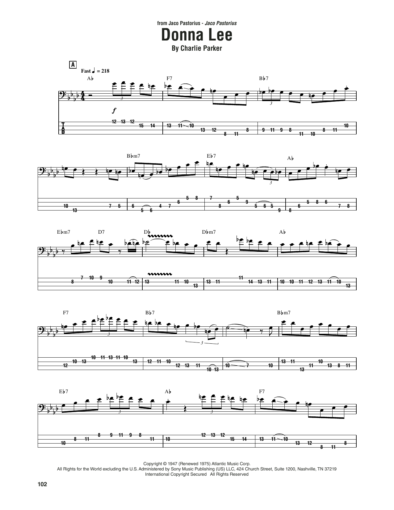 Jaco Pastorius Donna Lee Sheet Music Notes & Chords for Bass Guitar Tab - Download or Print PDF