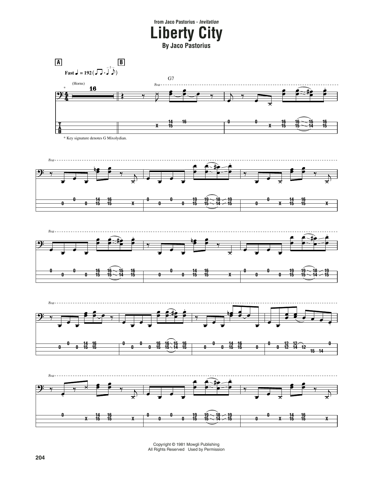 Jaco Pastorius Liberty City Sheet Music Notes & Chords for Bass Guitar Tab - Download or Print PDF