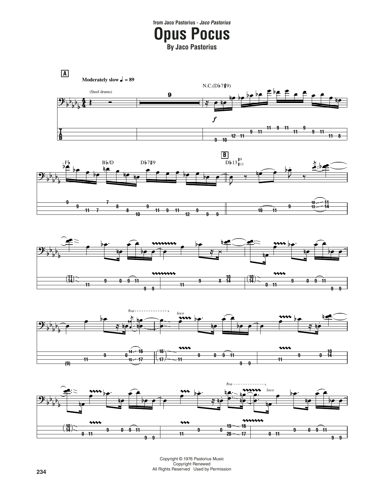 Jaco Pastorius Opus Pocus Sheet Music Notes & Chords for Bass Guitar Tab - Download or Print PDF