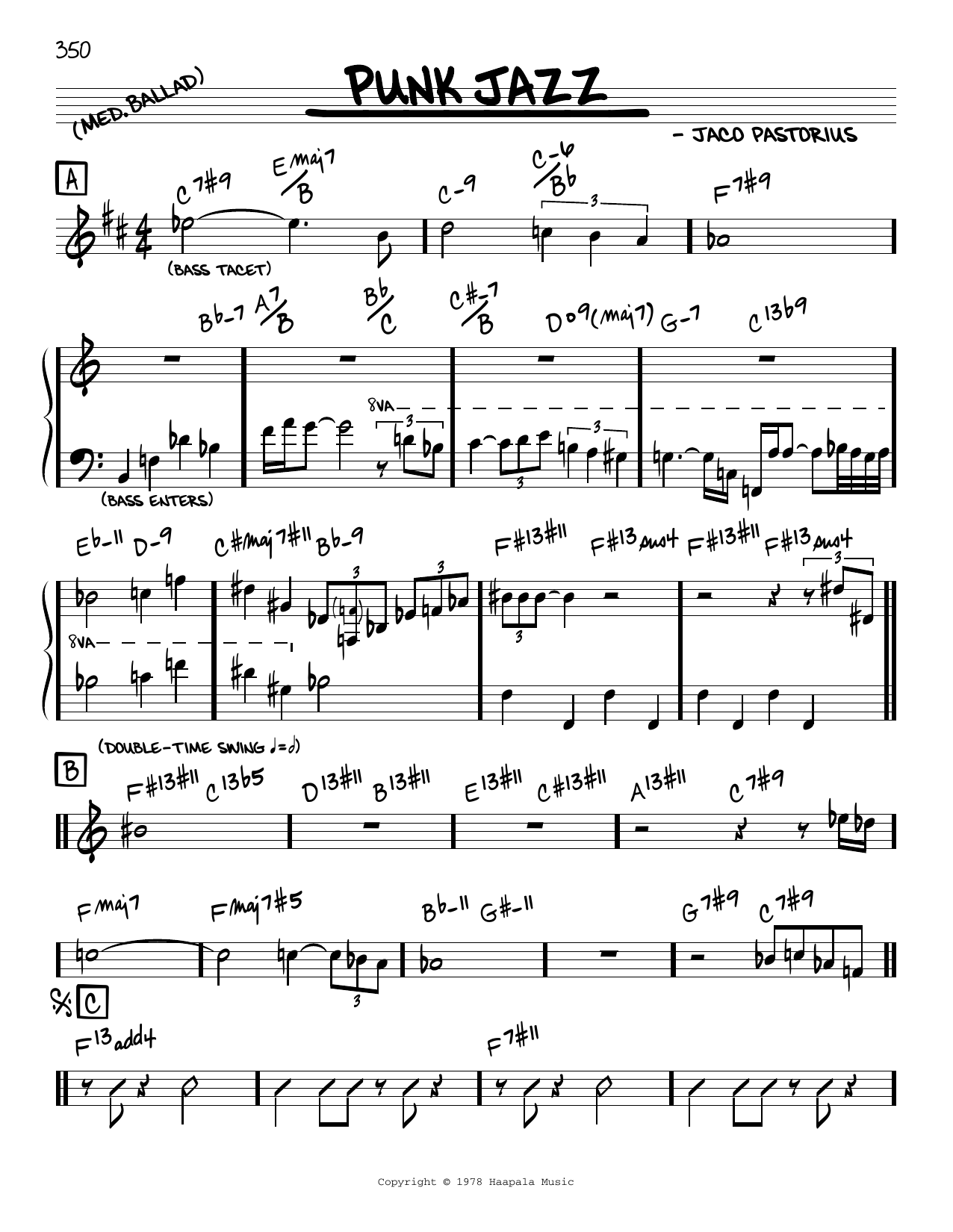 Jaco Pastorius Punk Jazz Sheet Music Notes & Chords for Real Book – Melody & Chords - Download or Print PDF