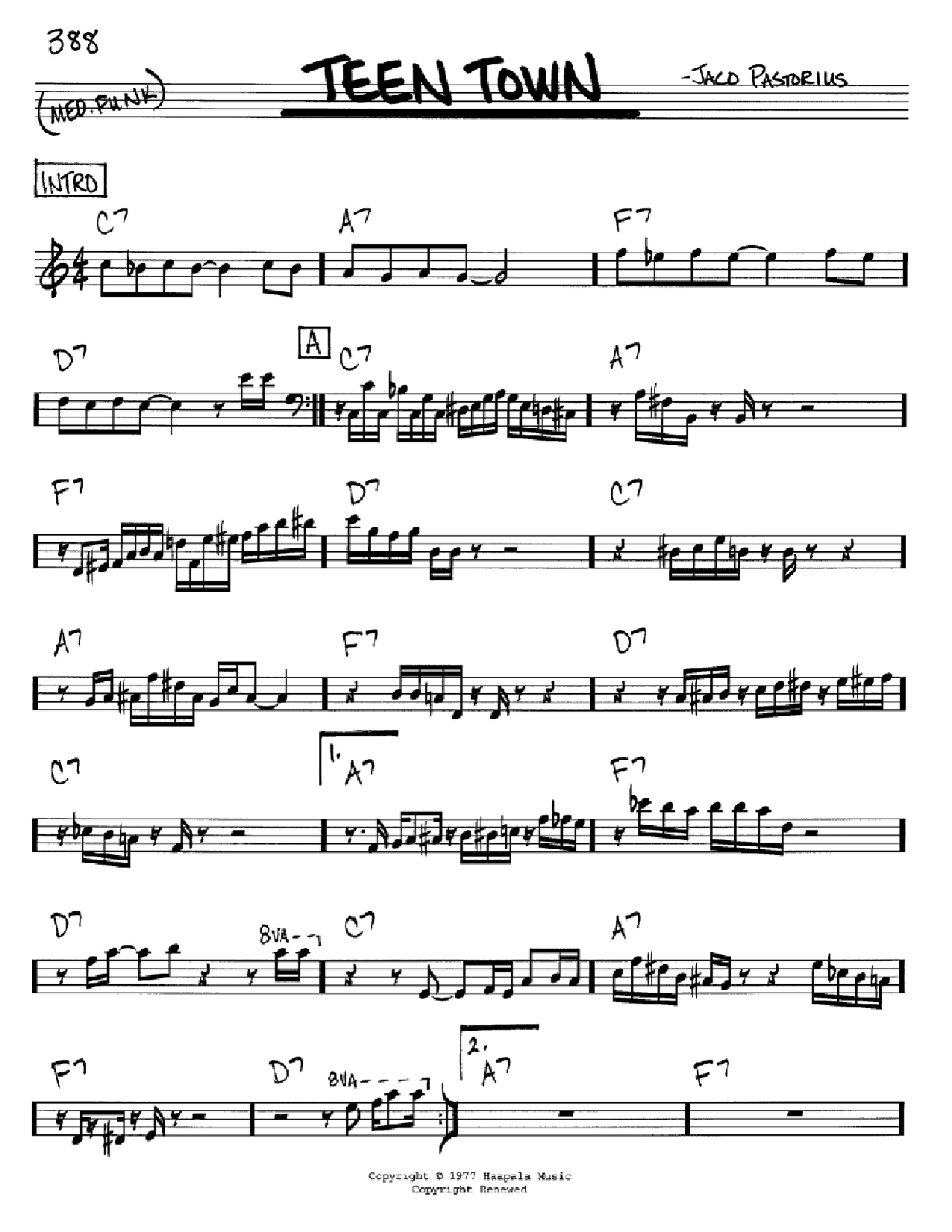 Jaco Pastorius Teen Town Sheet Music Notes & Chords for Real Book - Melody & Chords - C Instruments - Download or Print PDF