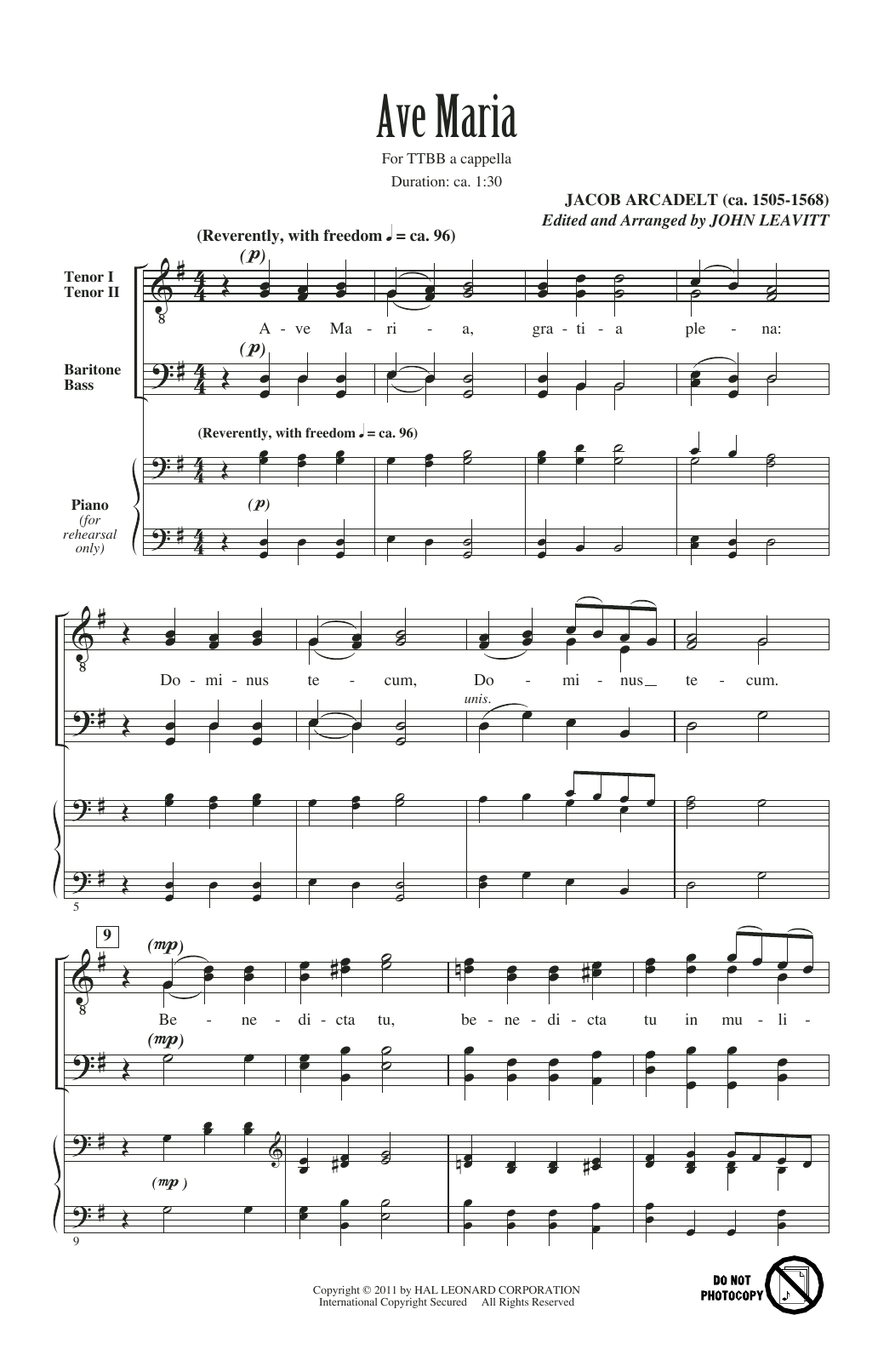 Jacob Arcadelt Ave Maria (arr. John Leavitt) Sheet Music Notes & Chords for TTBB Choir - Download or Print PDF