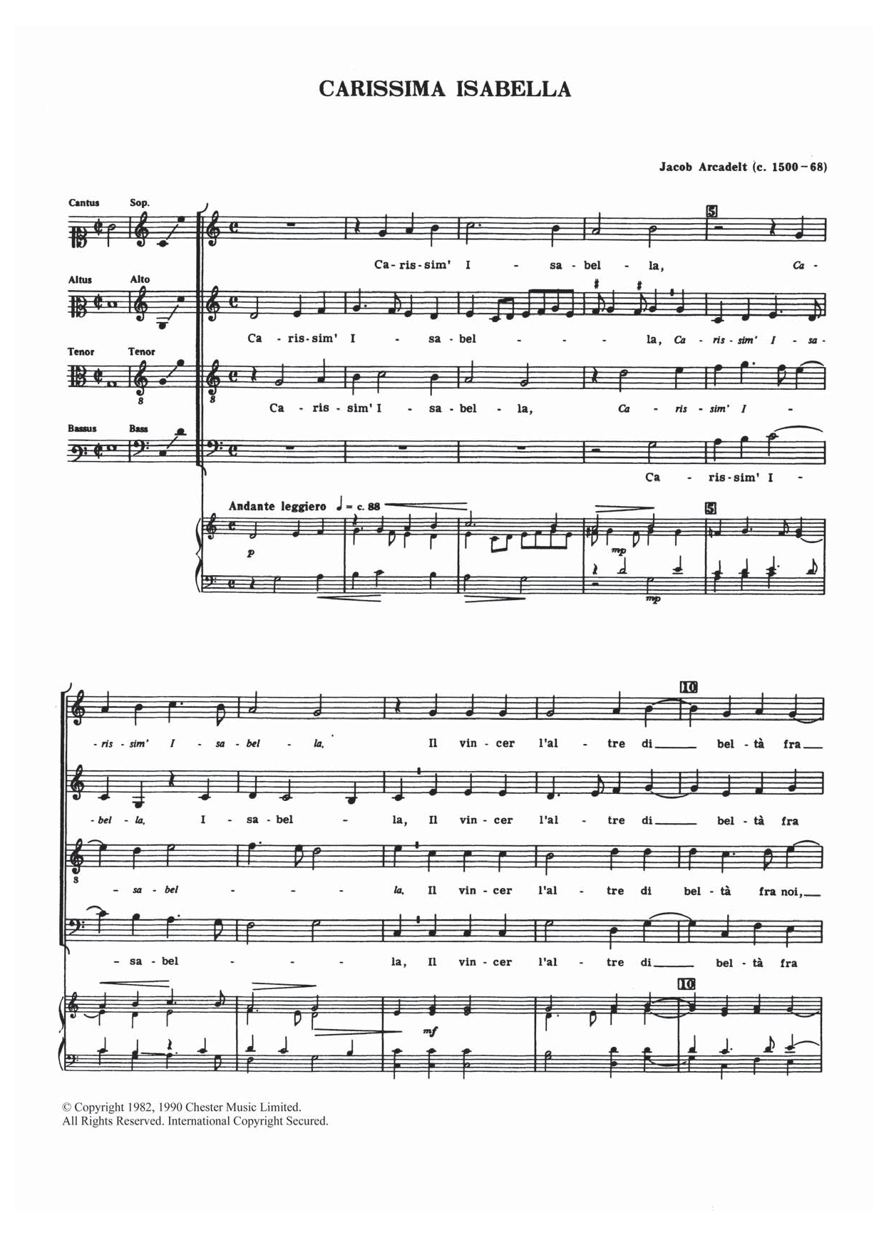 Jacob Arcadelt Carissima Isabella Sheet Music Notes & Chords for Choir - Download or Print PDF