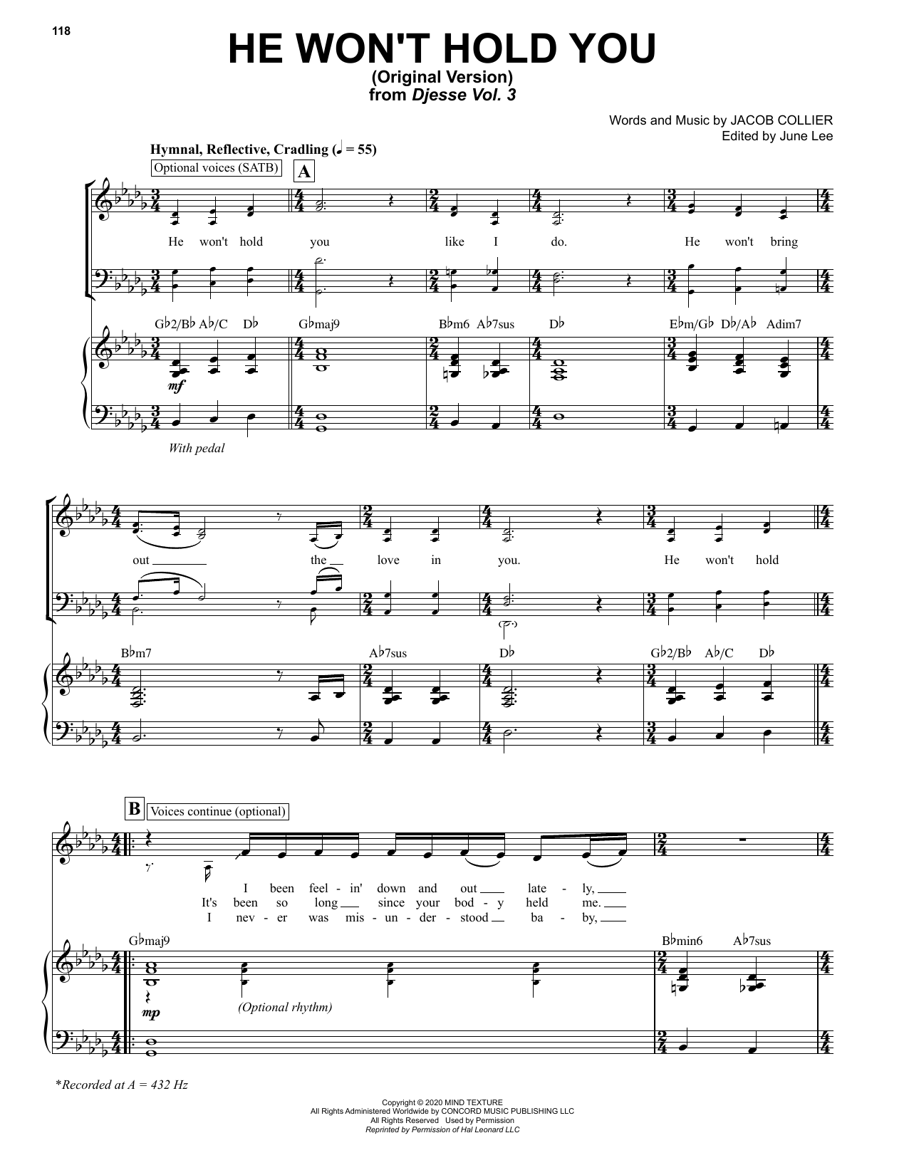 Jacob Collier He Won't Hold You (Original Version) Sheet Music Notes & Chords for Piano & Vocal - Download or Print PDF