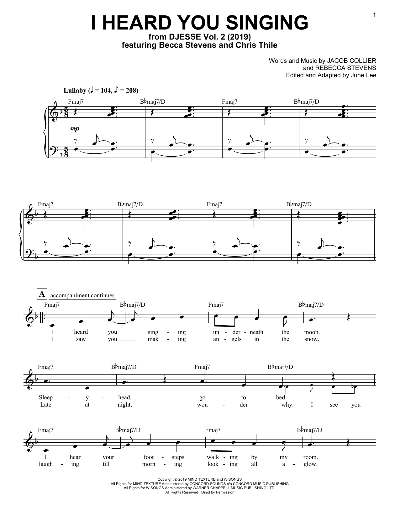 Jacob Collier I Heard You Singing (feat. Becca Stevens & Chris Thile) Sheet Music Notes & Chords for Piano & Vocal - Download or Print PDF
