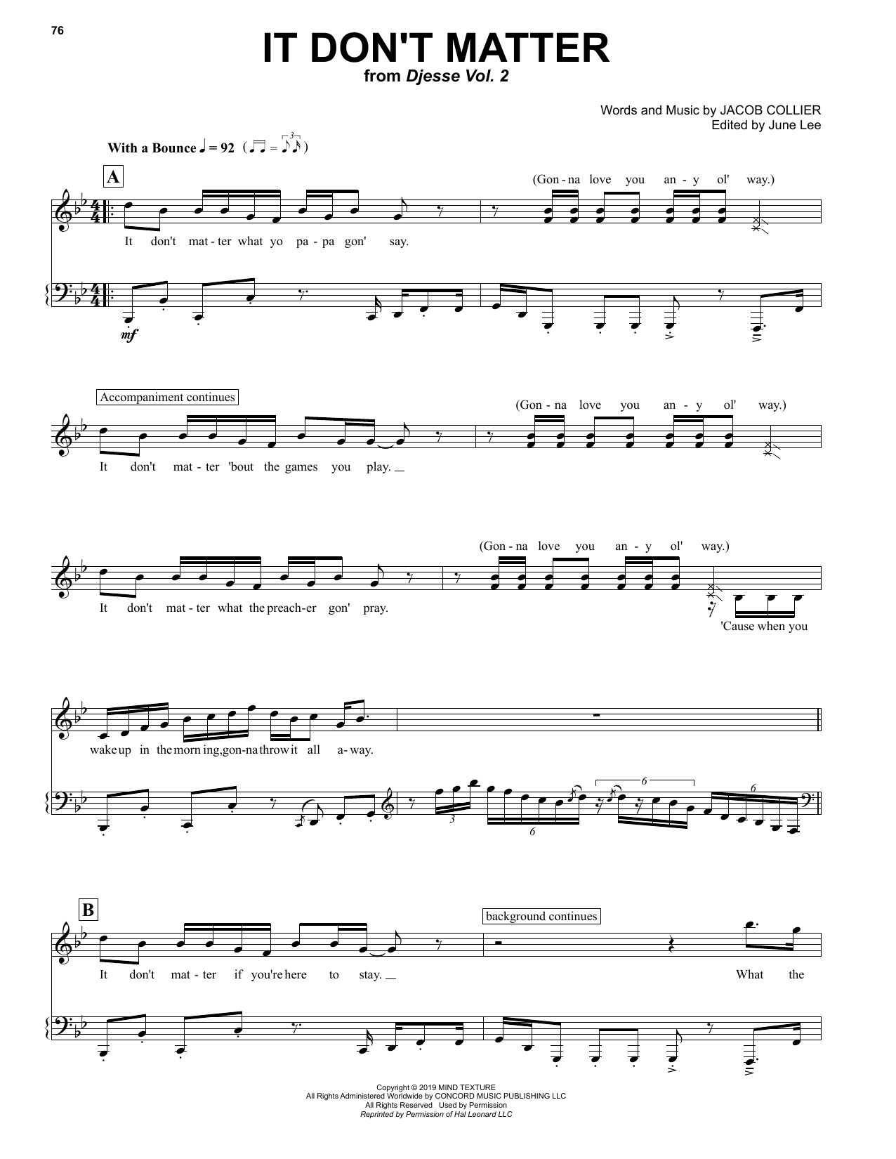 Jacob Collier It Don't Matter (feat. JoJo) Sheet Music Notes & Chords for Piano & Vocal - Download or Print PDF