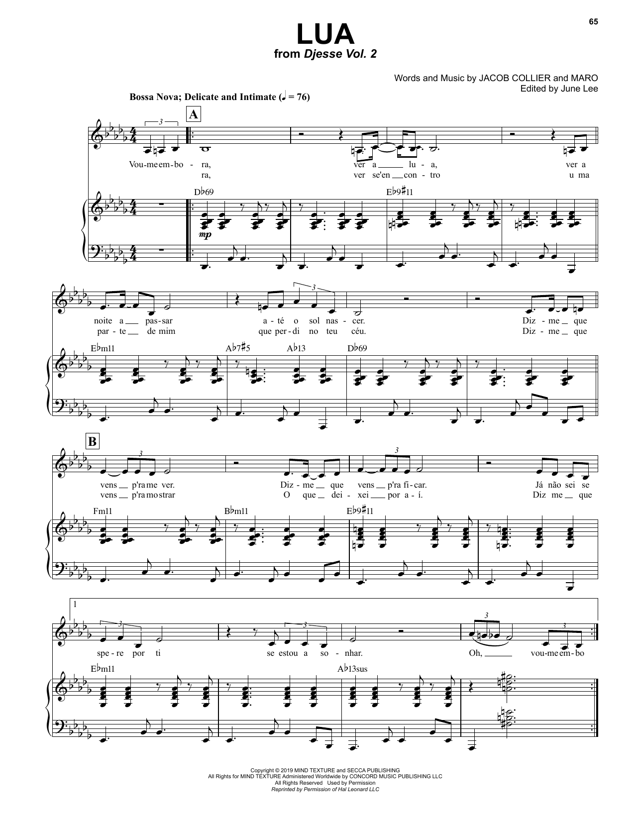 Jacob Collier Lua (feat. MARO) Sheet Music Notes & Chords for Piano & Vocal - Download or Print PDF