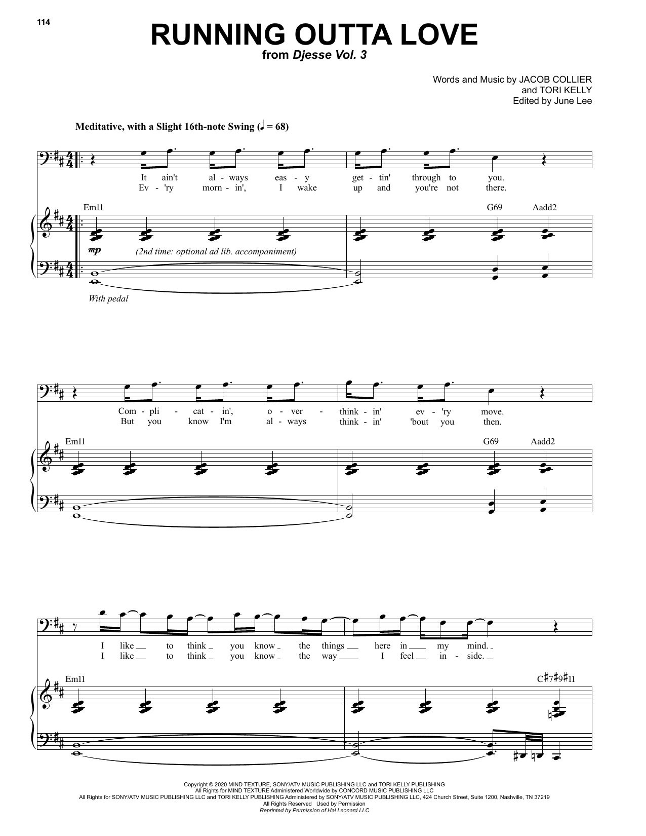 Jacob Collier Running Outta Love (feat. Tori Kelly) Sheet Music Notes & Chords for Piano & Vocal - Download or Print PDF