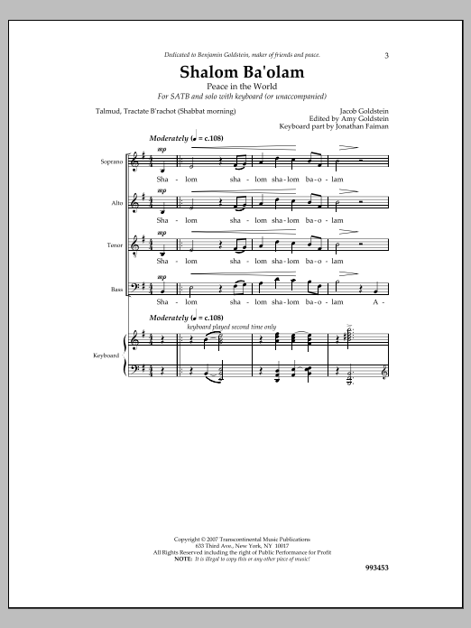 Jacob Goldstein Shalom Ba'olam Sheet Music Notes & Chords for Choral - Download or Print PDF