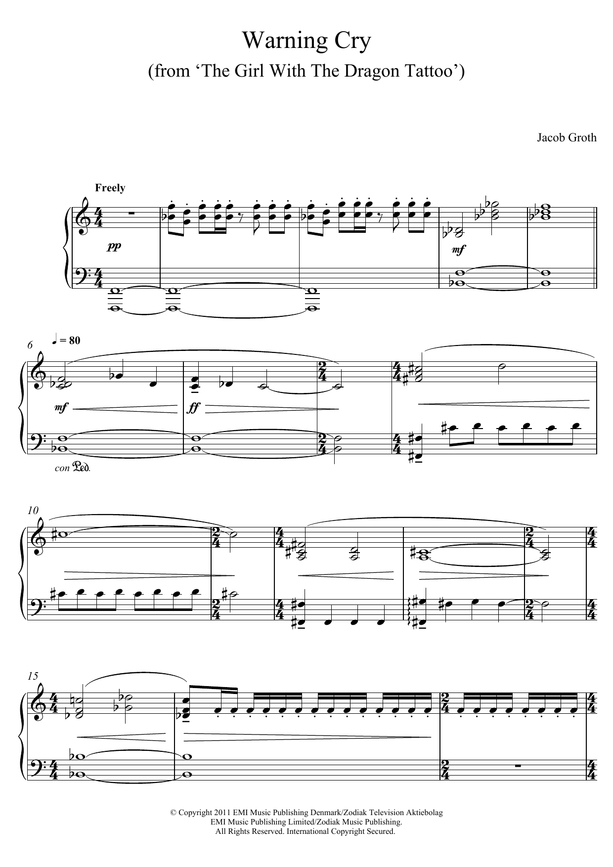 Jacob Groth Warning Cry (From 'The Girl With A Dragon Tattoo') Sheet Music Notes & Chords for Piano - Download or Print PDF
