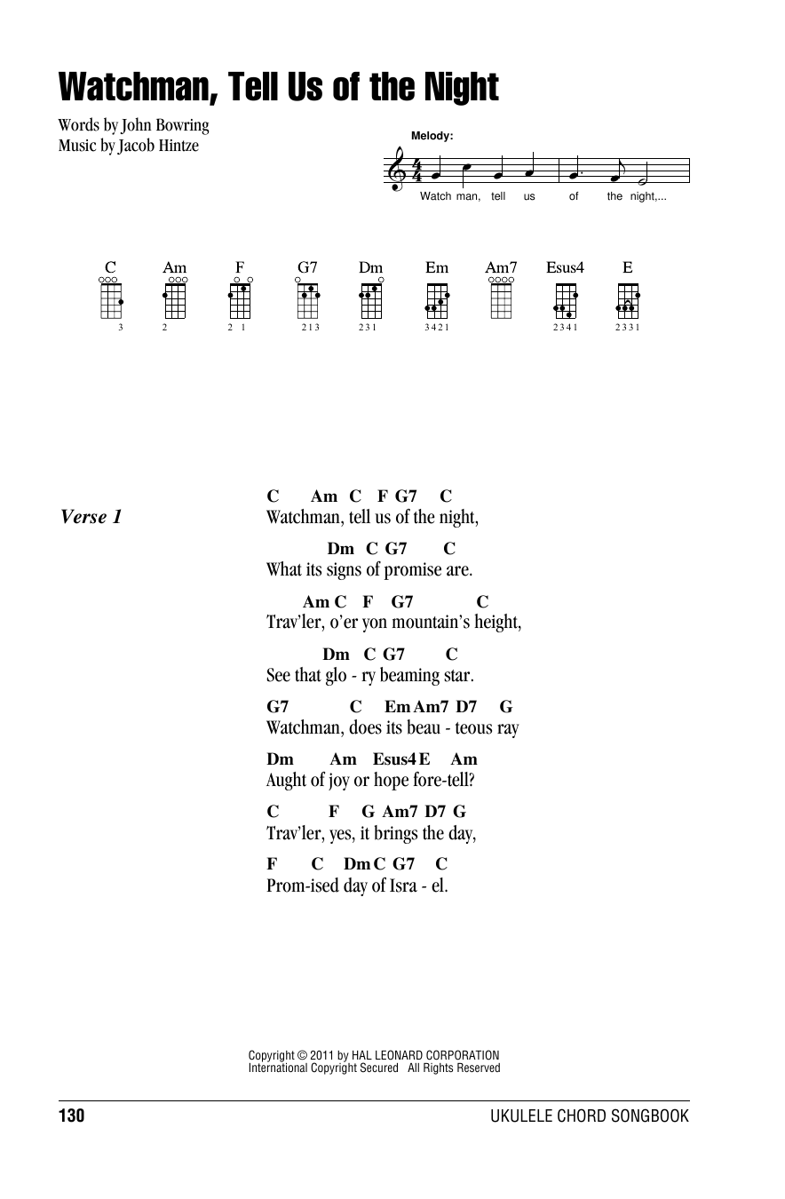 Jacob Hintze Watchman, Tell Us Of The Night Sheet Music Notes & Chords for Ukulele with strumming patterns - Download or Print PDF