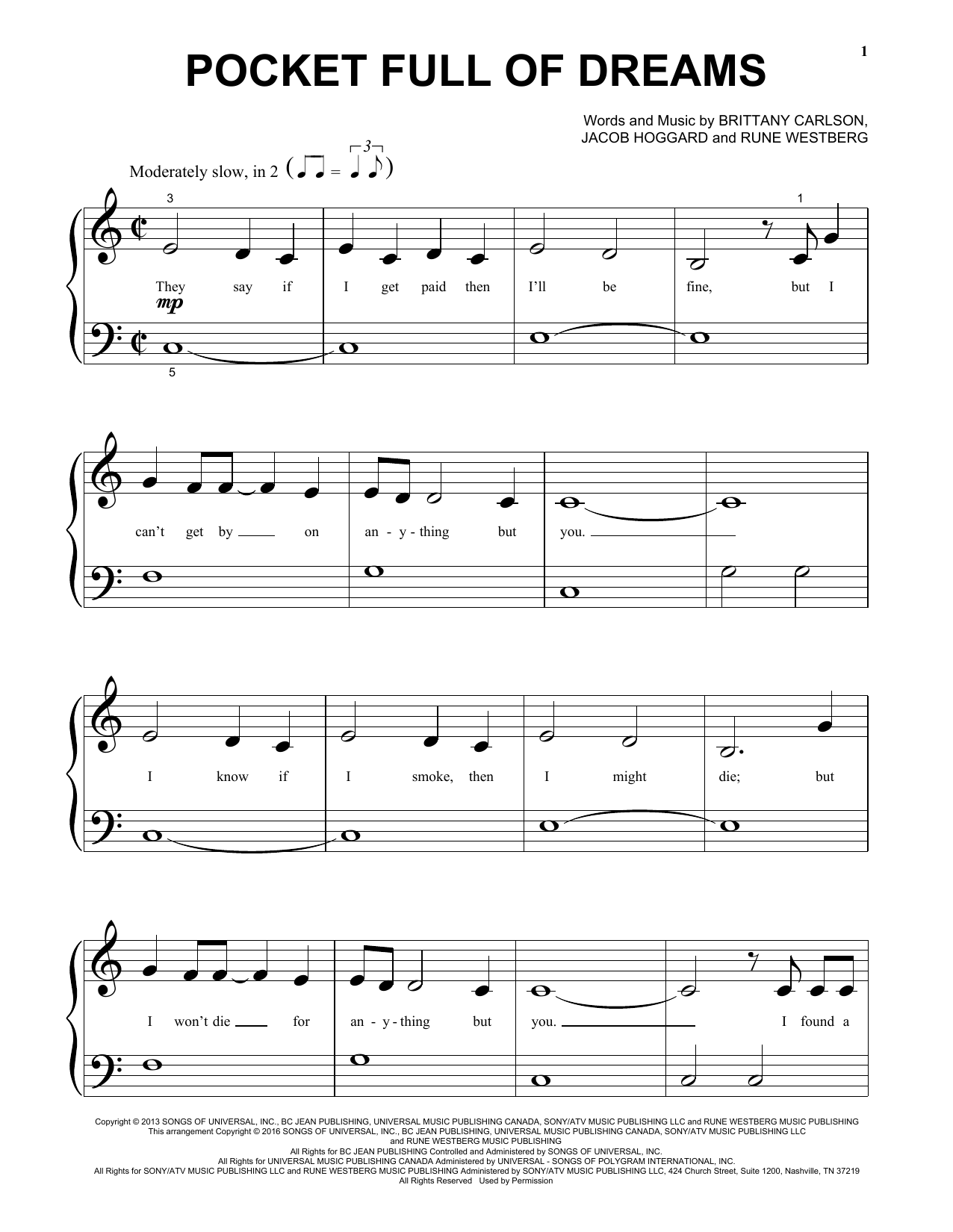 Hedley Pocket Full Of Dreams Sheet Music Notes & Chords for Piano (Big Notes) - Download or Print PDF