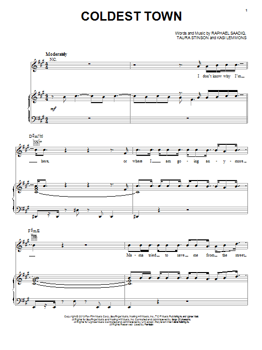 Jacob Latimore Coldest Town Sheet Music Notes & Chords for Piano, Vocal & Guitar (Right-Hand Melody) - Download or Print PDF