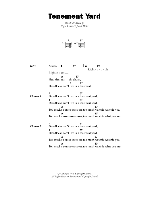 Jacob Miller Tenement Yard Sheet Music Notes & Chords for Lyrics & Chords - Download or Print PDF