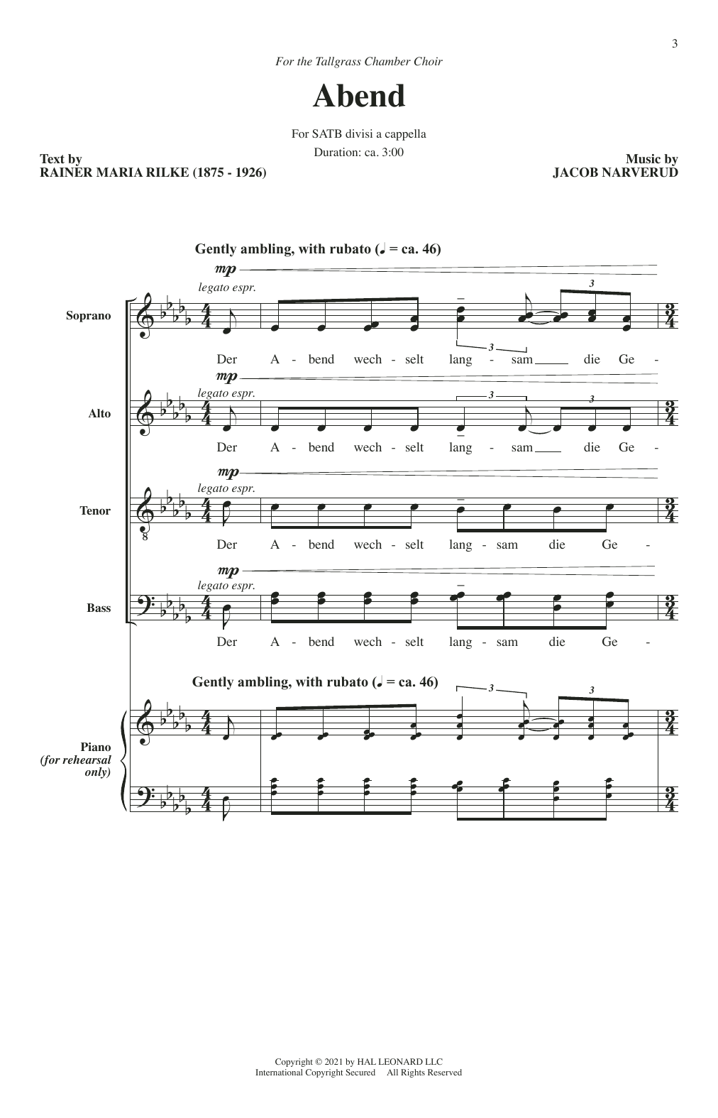 Jacob Narverud Abend Sheet Music Notes & Chords for SATB Choir - Download or Print PDF