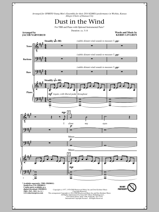 Kansas Dust In The Wind (arr. Jacob Narverud) Sheet Music Notes & Chords for TBB - Download or Print PDF
