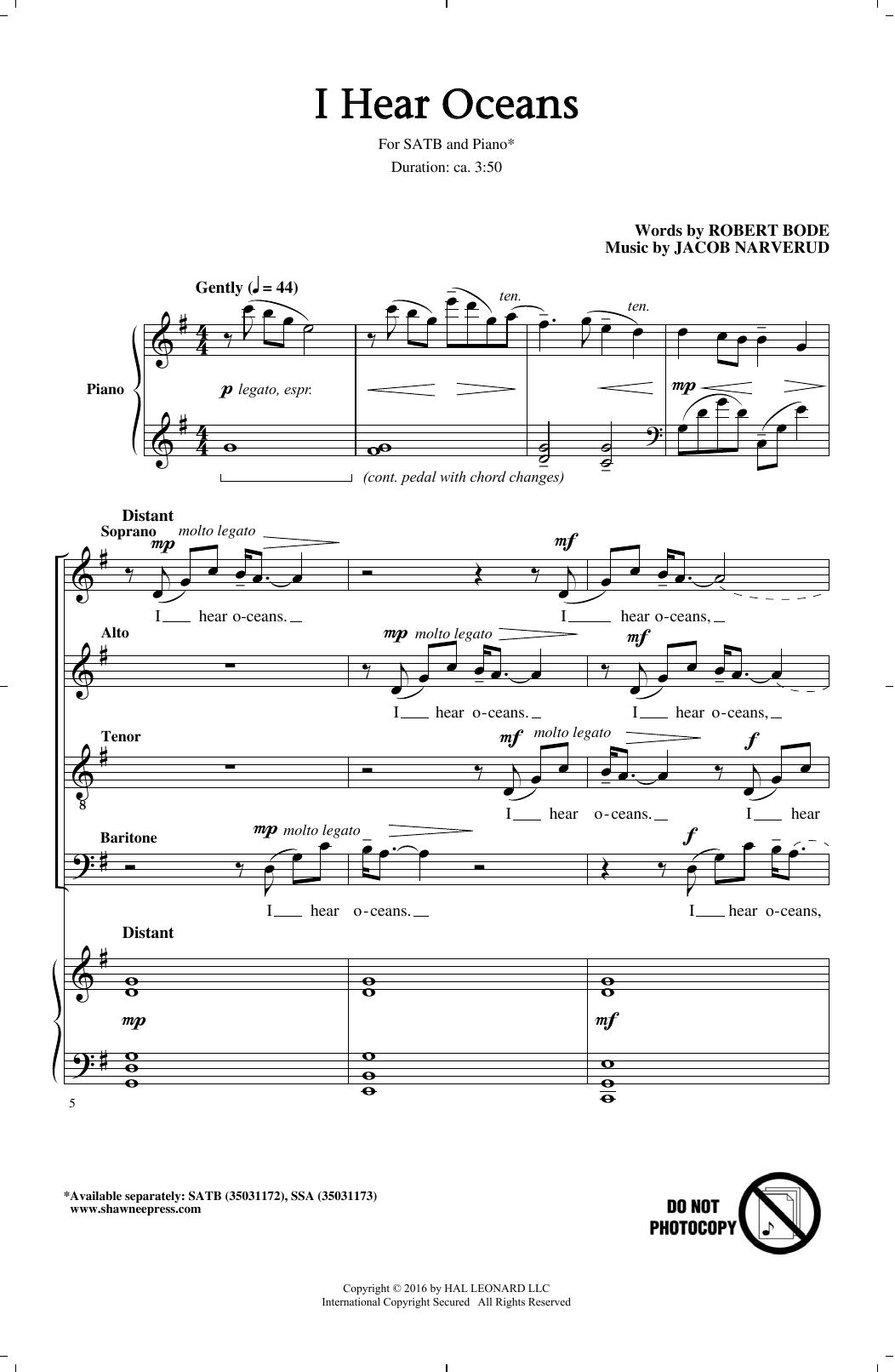 Jacob Narverud I Hear Oceans Sheet Music Notes & Chords for SATB - Download or Print PDF