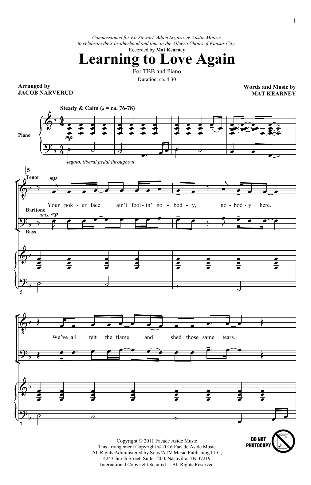 Jacob Narverud Learning To Love Again Sheet Music Notes & Chords for TBB - Download or Print PDF