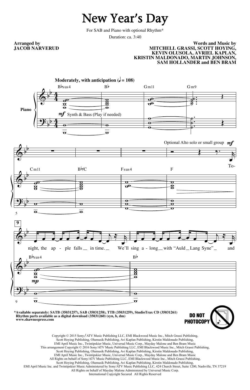 Jacob Narverud New Year's Day Sheet Music Notes & Chords for SATB - Download or Print PDF