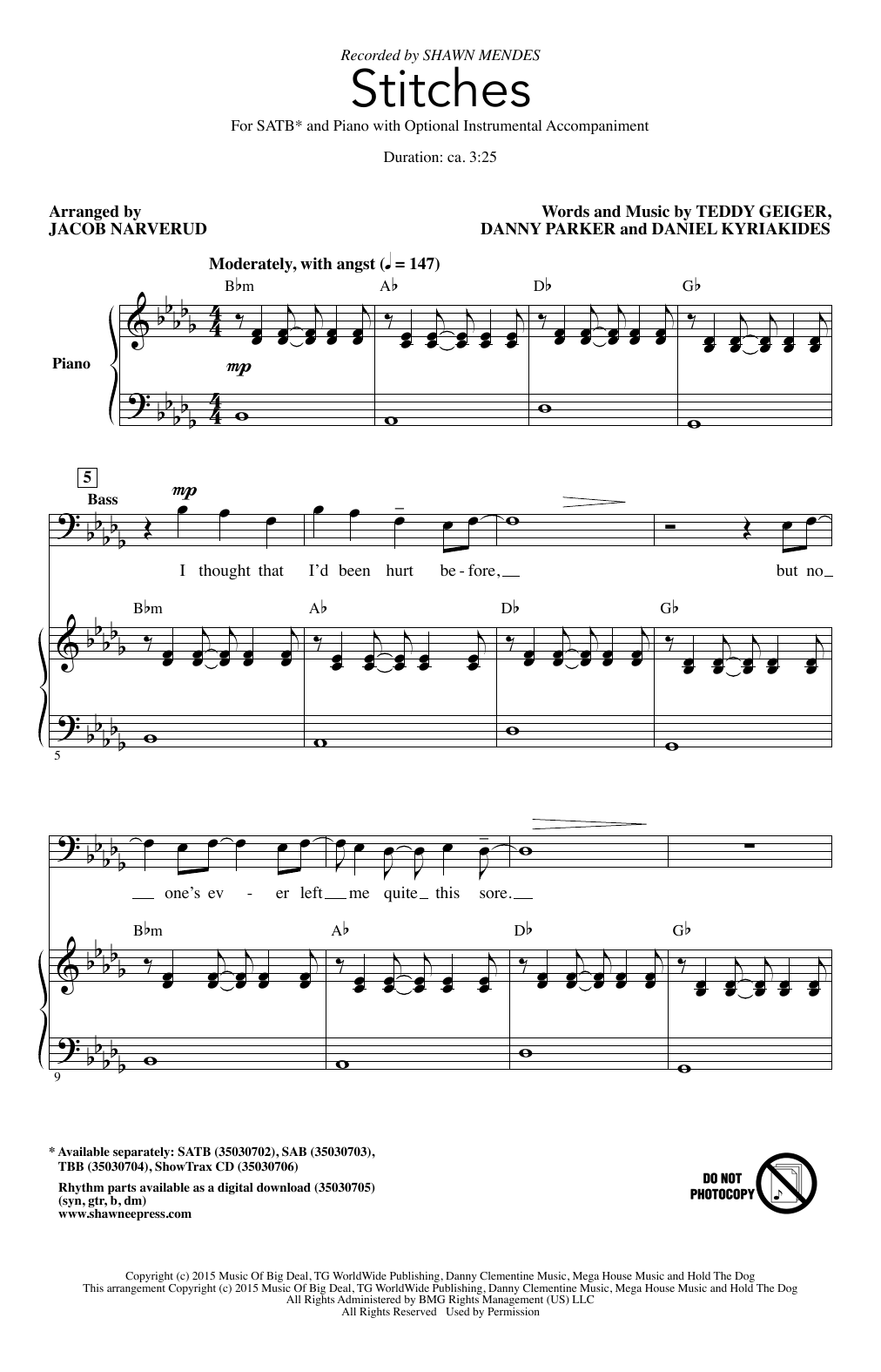 Shawn Mendes Stitches (arr. Jacob Narverud) Sheet Music Notes & Chords for SATB - Download or Print PDF