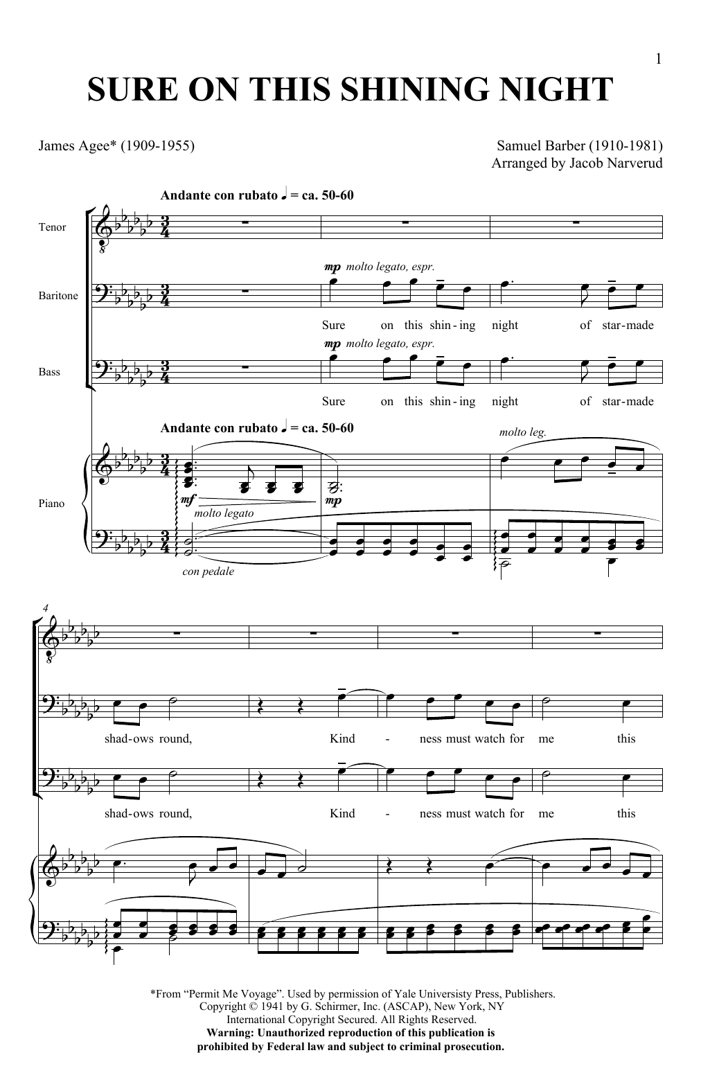 Jacob Narverud Sure On This Shining Night Sheet Music Notes & Chords for TBB - Download or Print PDF