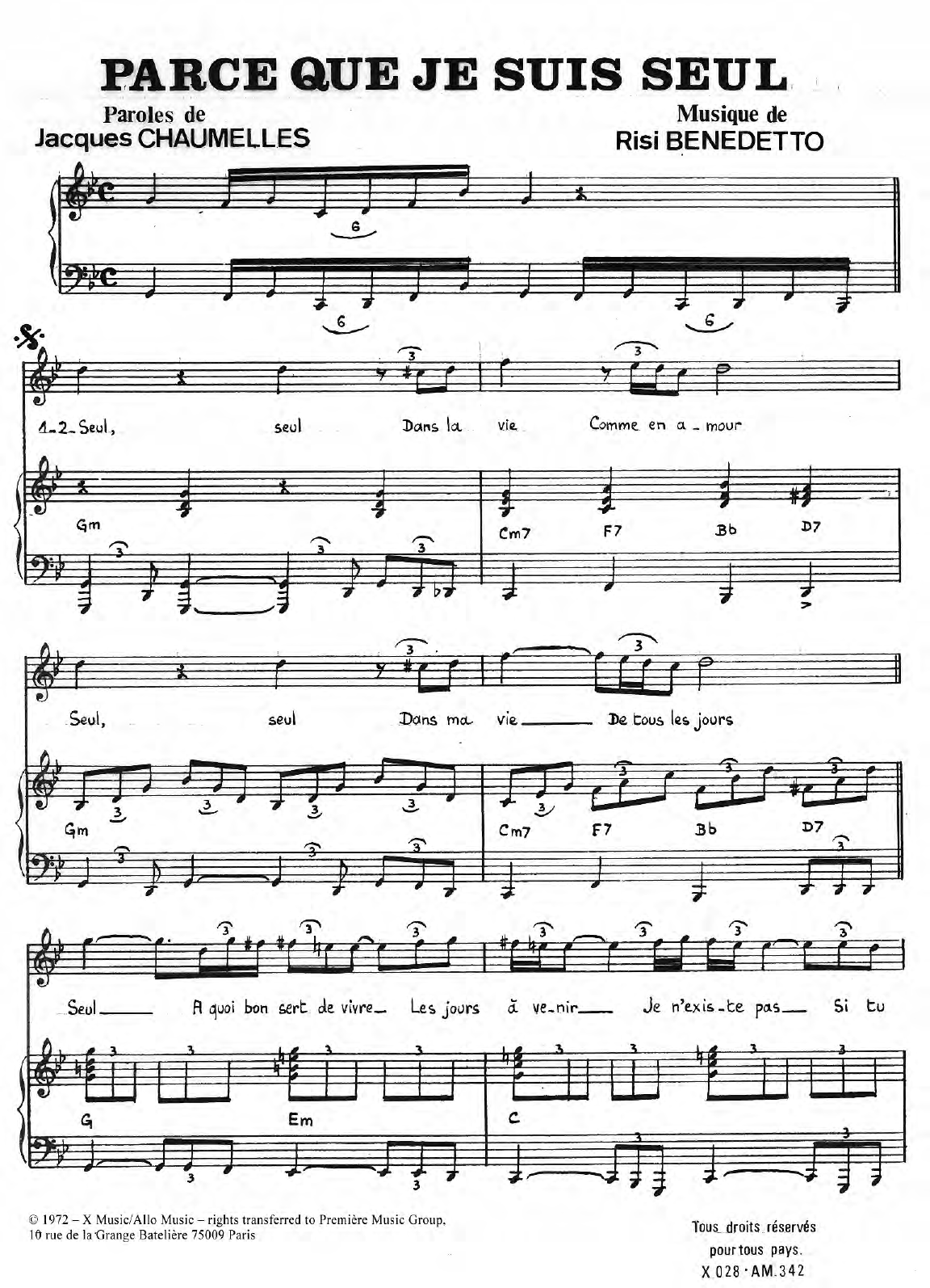 Jacob Parce Que Je Suis Seul Sheet Music Notes & Chords for Piano & Vocal - Download or Print PDF
