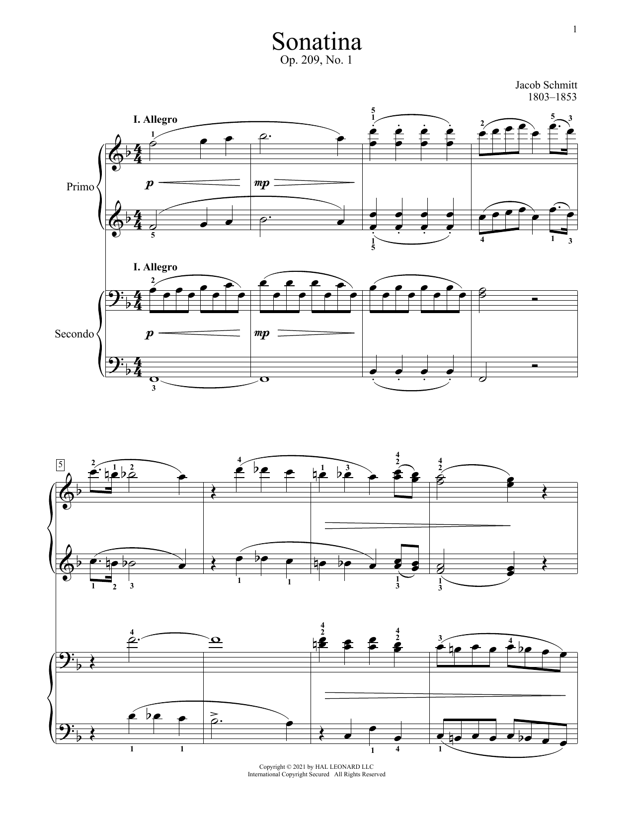 Jacob Schmitt Sonatina, Op. 209, No. 1, I. Allegro Sheet Music Notes & Chords for Piano Duet - Download or Print PDF