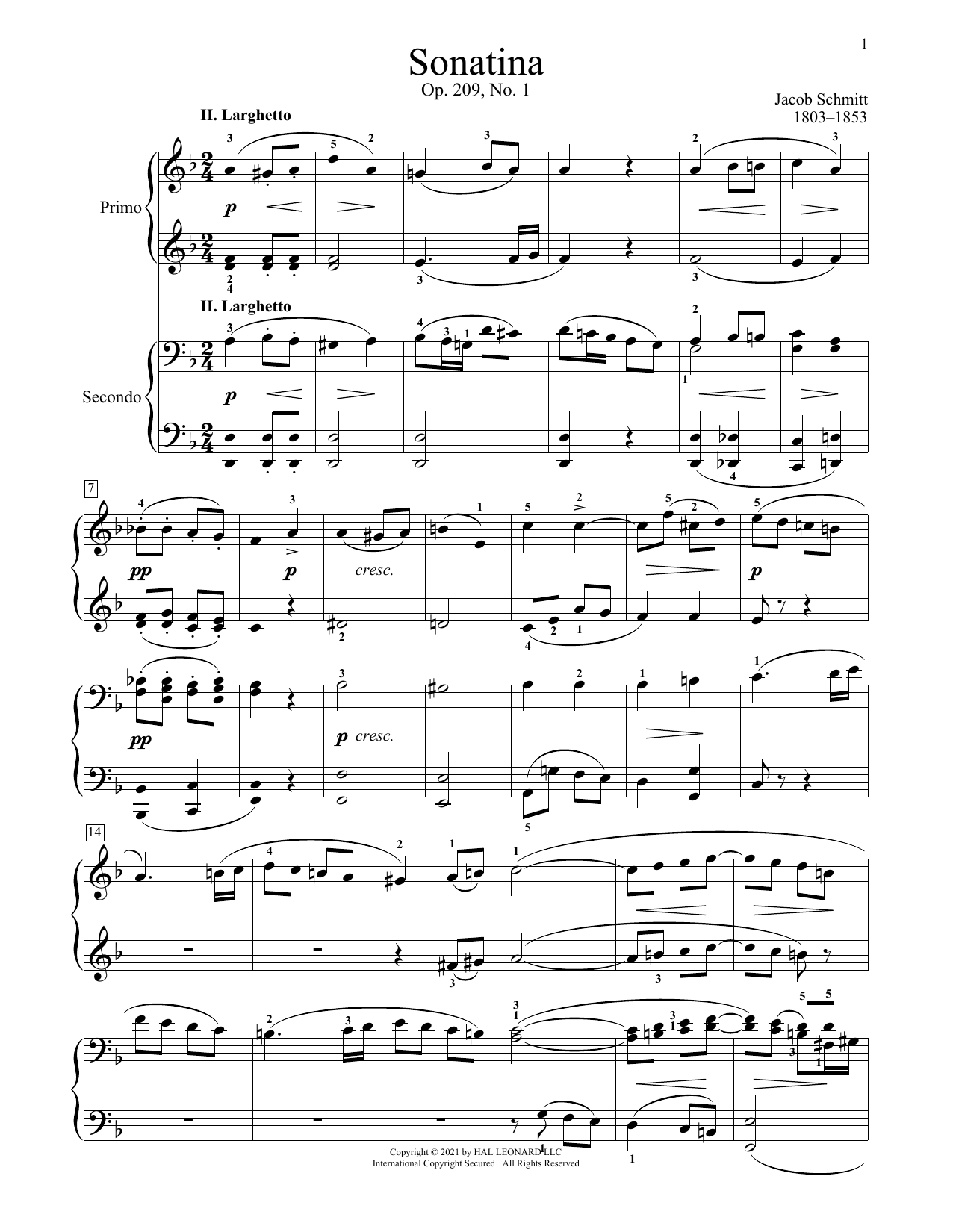 Jacob Schmitt Sonatina, Op. 209, No. 1, II. Larghetto Sheet Music Notes & Chords for Piano Duet - Download or Print PDF