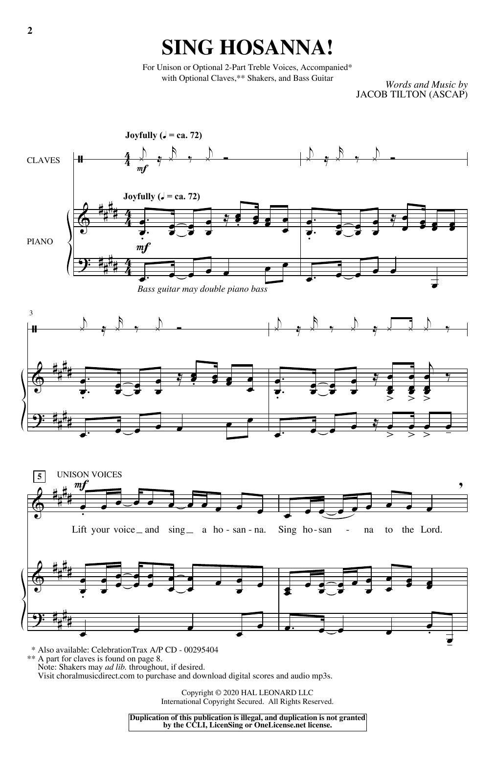 Jacob Tilton Sing Hosanna! Sheet Music Notes & Chords for Unison Choir - Download or Print PDF
