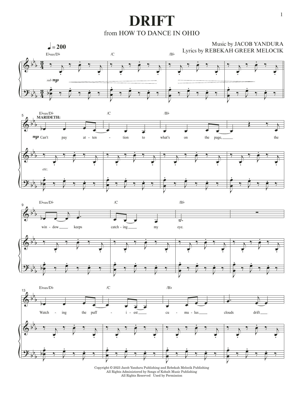 Jacob Yandura & Rebekah Greer Melocik Drift (from How To Dance In Ohio) Sheet Music Notes & Chords for Piano & Vocal - Download or Print PDF