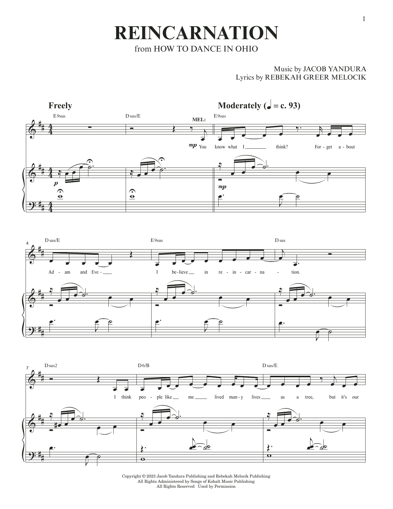 Jacob Yandura & Rebekah Greer Melocik Reincarnation (from How To Dance In Ohio) Sheet Music Notes & Chords for Piano & Vocal - Download or Print PDF