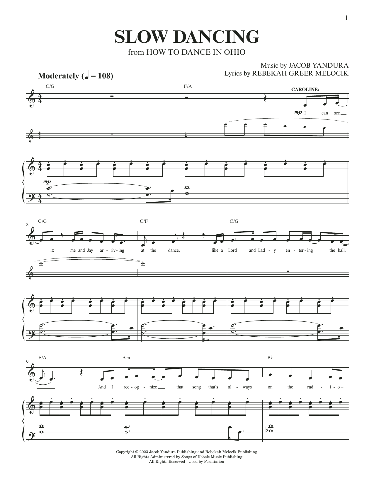 Jacob Yandura & Rebekah Greer Melocik Slow Dancing (from How To Dance In Ohio) Sheet Music Notes & Chords for Piano & Vocal - Download or Print PDF