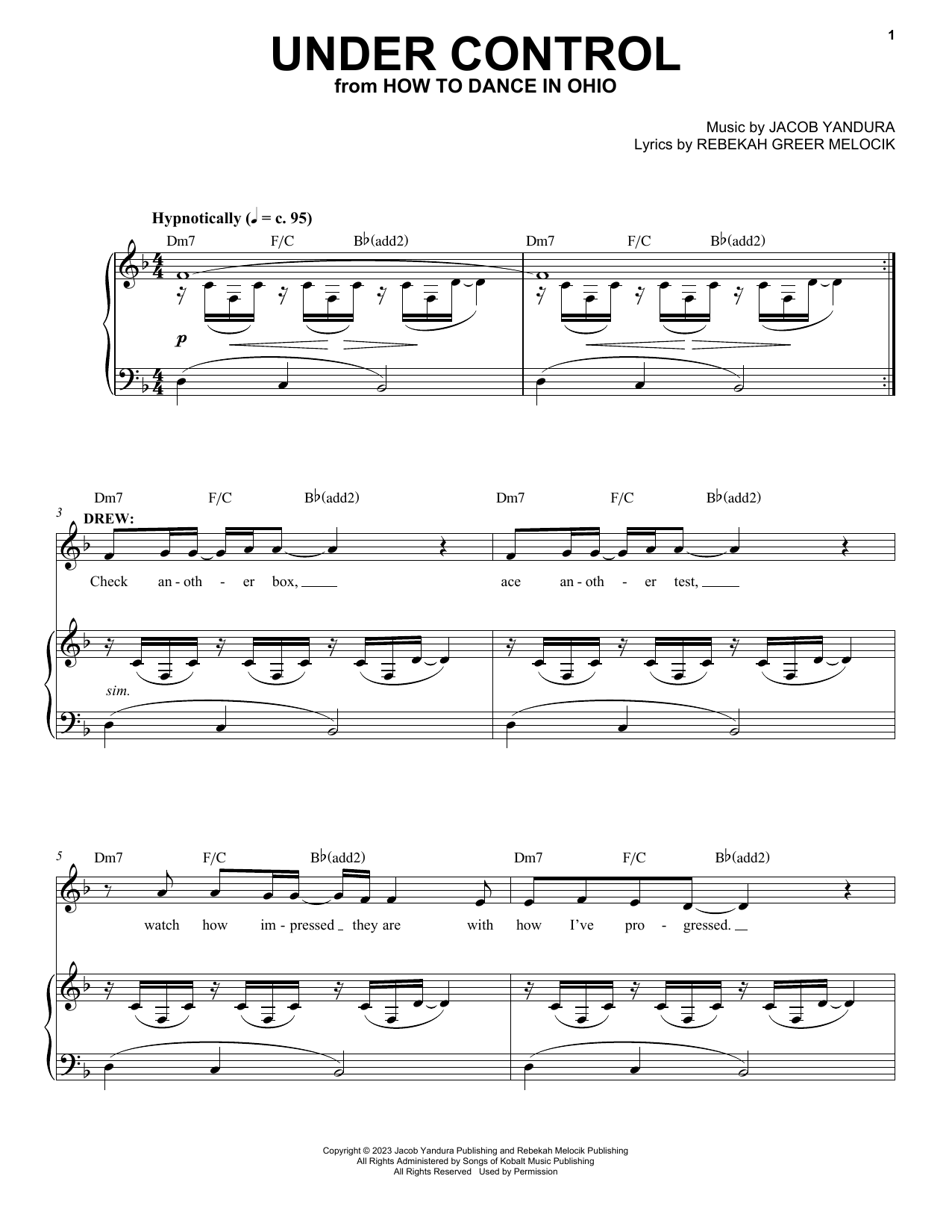 Jacob Yandura & Rebekah Greer Melocik Under Control (from How To Dance In Ohio) Sheet Music Notes & Chords for Piano & Vocal - Download or Print PDF