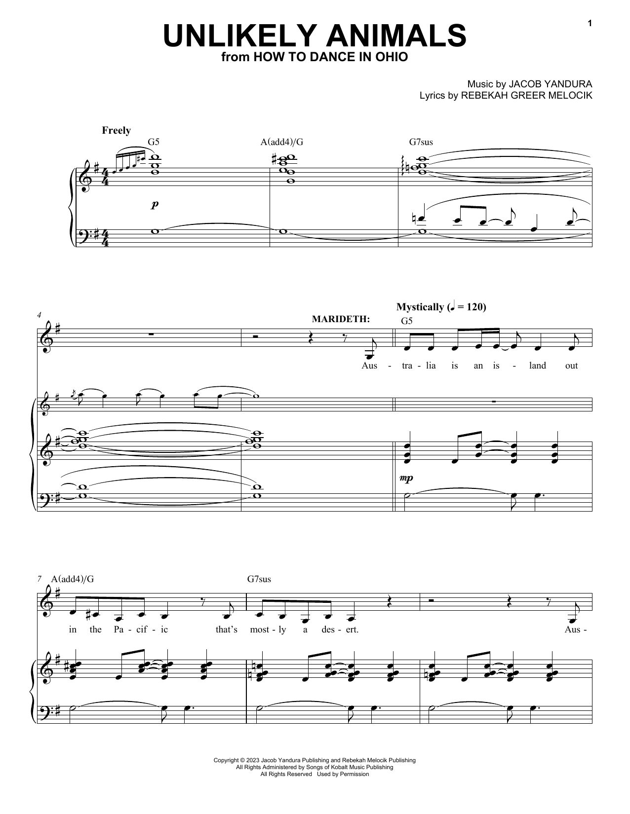 Jacob Yandura & Rebekah Greer Melocik Unlikely Animals (from How To Dance In Ohio) Sheet Music Notes & Chords for Piano & Vocal - Download or Print PDF