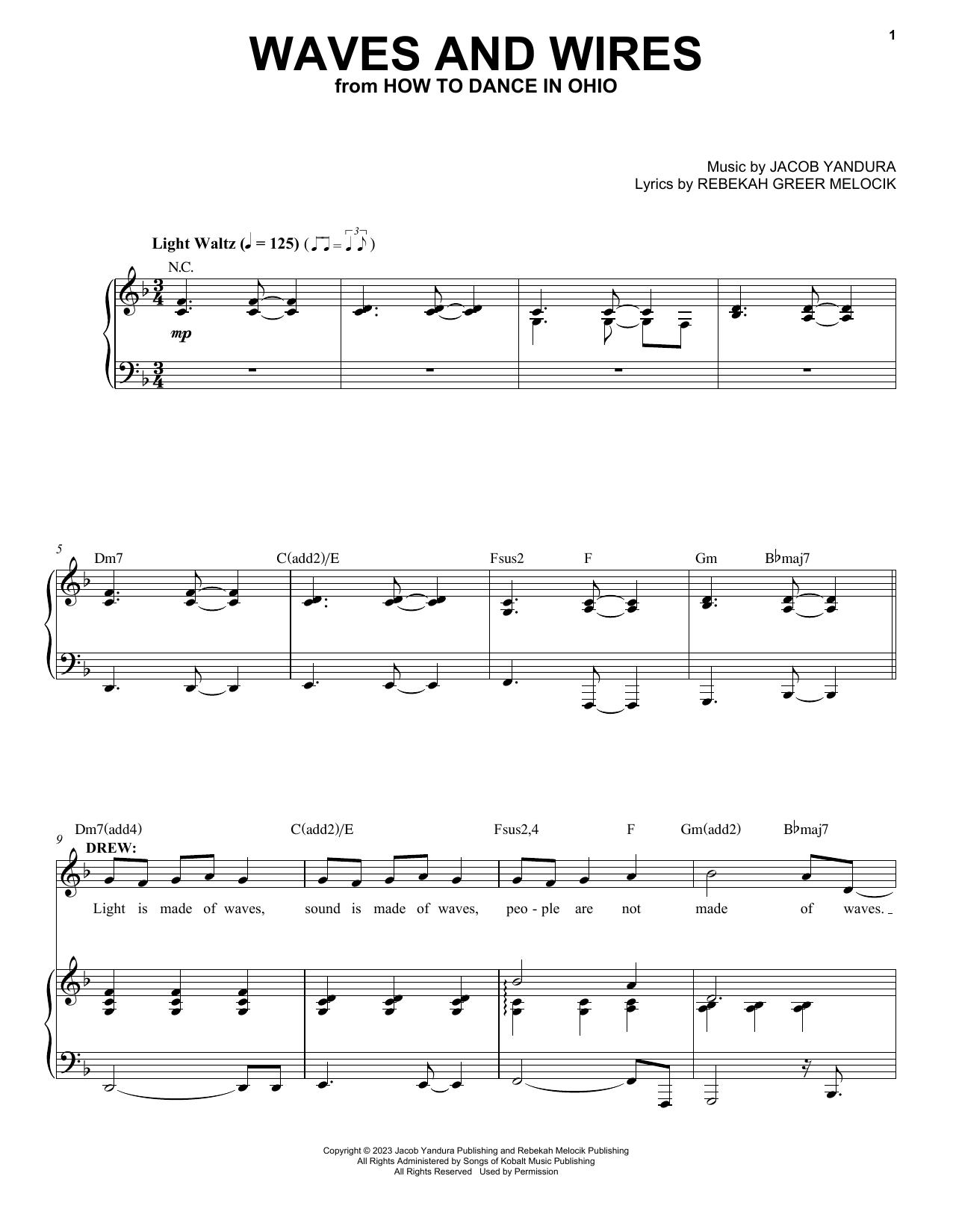 Jacob Yandura & Rebekah Greer Melocik Waves And Wires (from How To Dance In Ohio) Sheet Music Notes & Chords for Piano & Vocal - Download or Print PDF