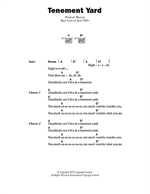 Jacob Miller Tenement Yard Sheet Music Notes & Chords for Lyrics & Chords - Download or Print PDF