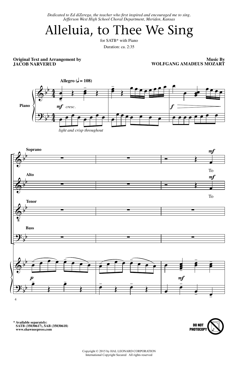 Wolfgang Amadeus Mozart Alleluia To Thee We Sing Arr Jacob Narverud Sheet Music Download 3443