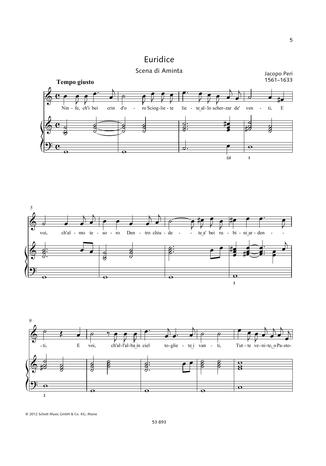 Jacopo Peri Ninfe, ch'i bei crin d'oro Sciogliete Sheet Music Notes & Chords for Piano & Vocal - Download or Print PDF