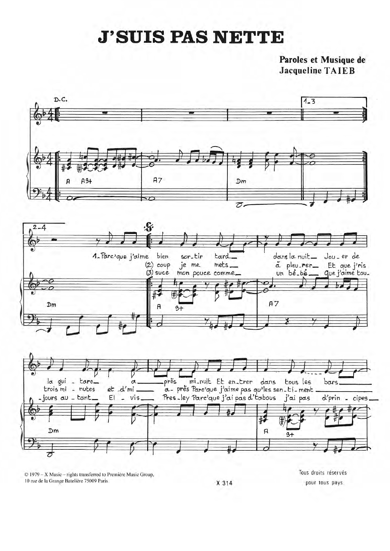 Jacqueline Taieb J'suis Pas Nette Sheet Music Notes & Chords for Piano & Vocal - Download or Print PDF